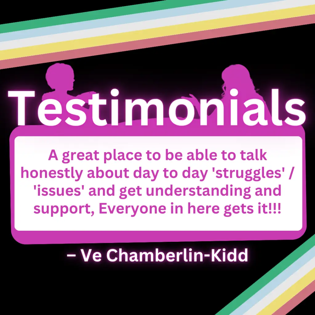 Colorful graphic featuring the word "testimonials" at the top, with a quote expressing appreciation for a supportive community, attributed to ve chamberlin-kidd, set against a neon stripe background.